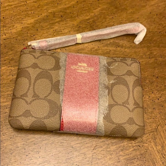 Khaki & true red accent Coach wristlet - Picture 2 of 6